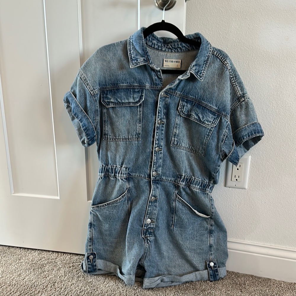Free People Blue Denim Jumpsuit Relaxed Fit